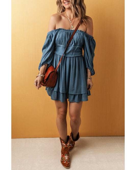 Real Teal Frilled Neckline 3/4 Sleeve Layered Ruched Mini Dress - S