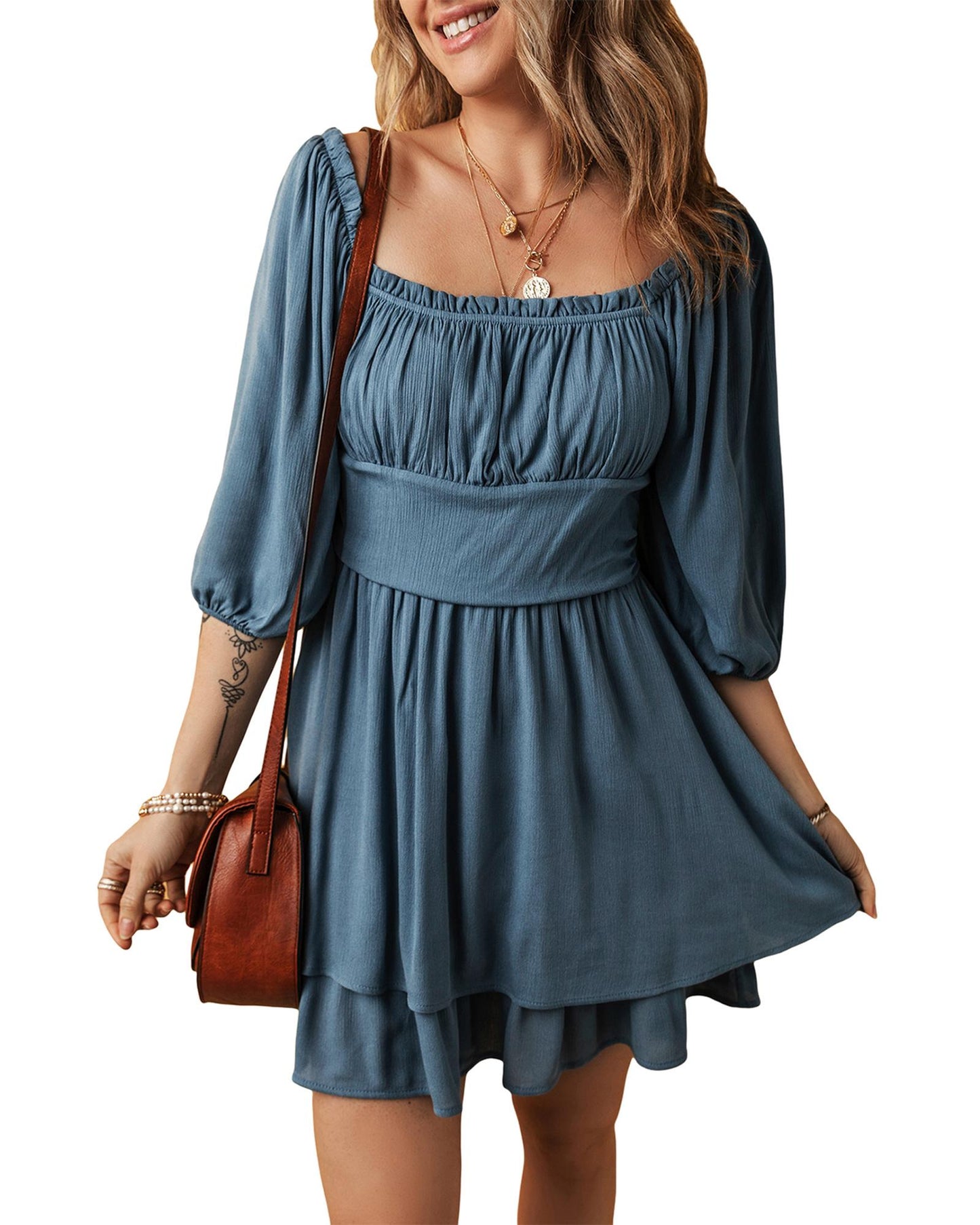 Real Teal Frilled Neckline 3/4 Sleeve Layered Ruched Mini Dress - S