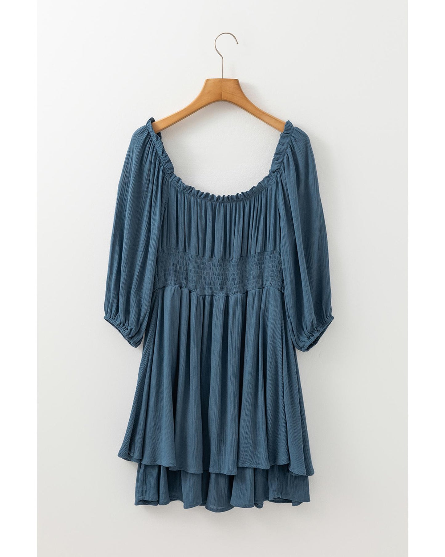 Real Teal Frilled Neckline 3/4 Sleeve Layered Ruched Mini Dress - S