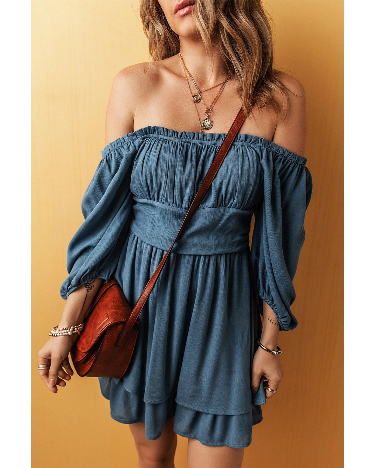 Real Teal Frilled Neckline 3/4 Sleeve Layered Ruched Mini Dress - S