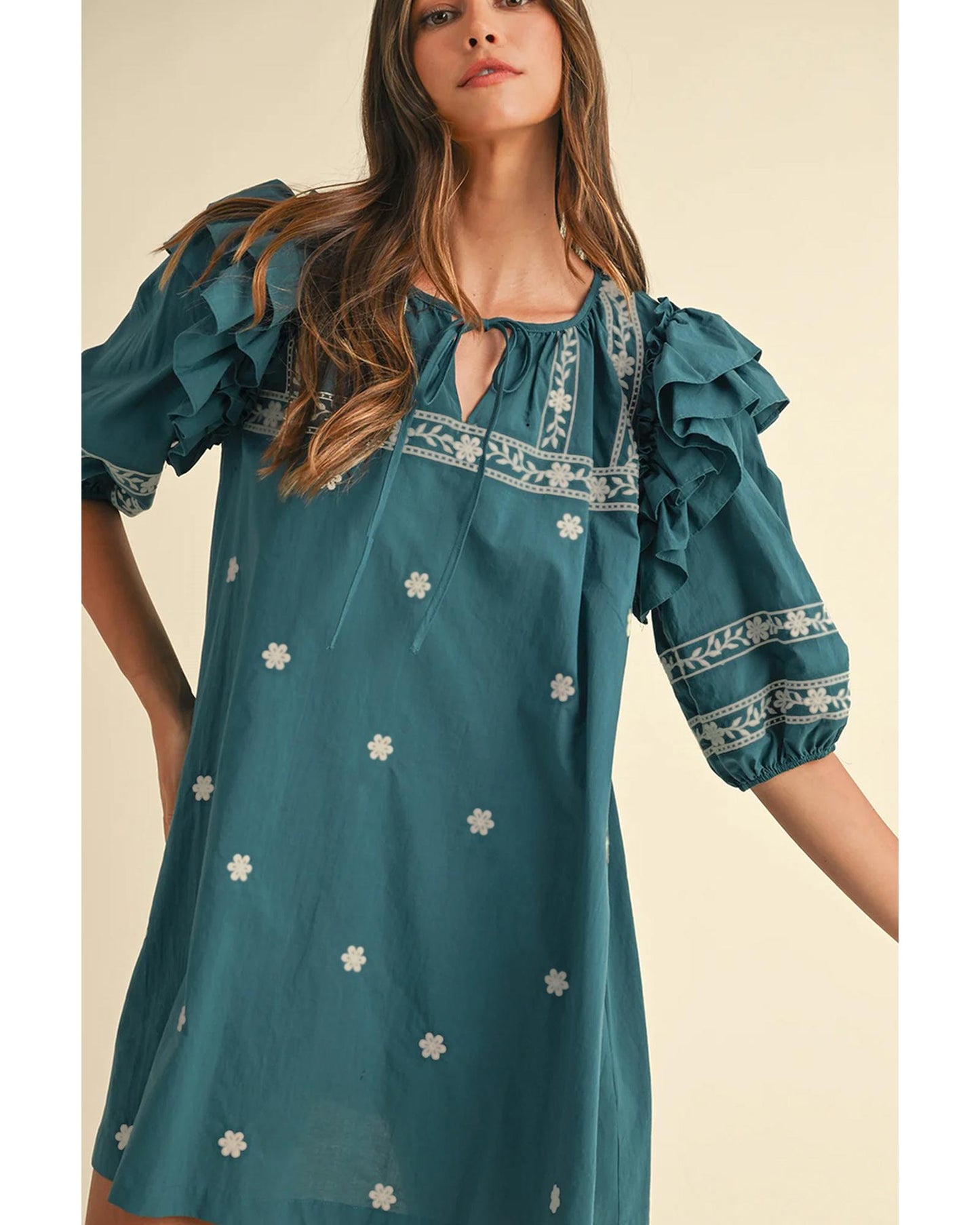 Skobeloff Boho Floral Ruffle Puff Sleeve Lace-up V Neck Mini Dress - L