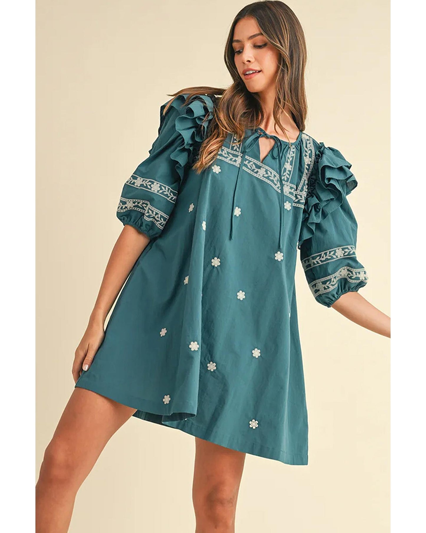Skobeloff Boho Floral Ruffle Puff Sleeve Lace-up V Neck Mini Dress - S