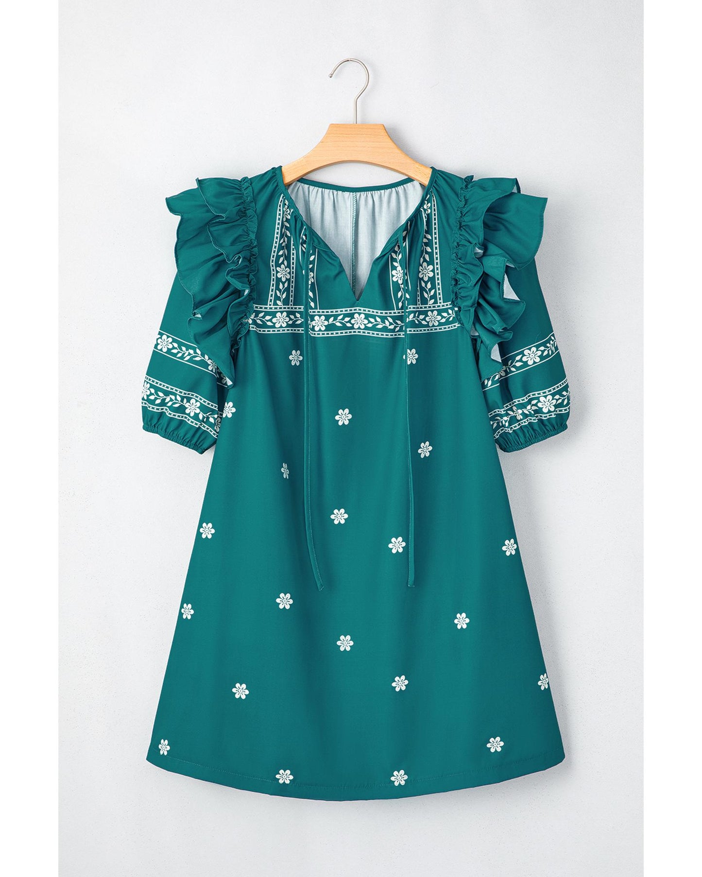 Skobeloff Boho Floral Ruffle Puff Sleeve Lace-up V Neck Mini Dress - S