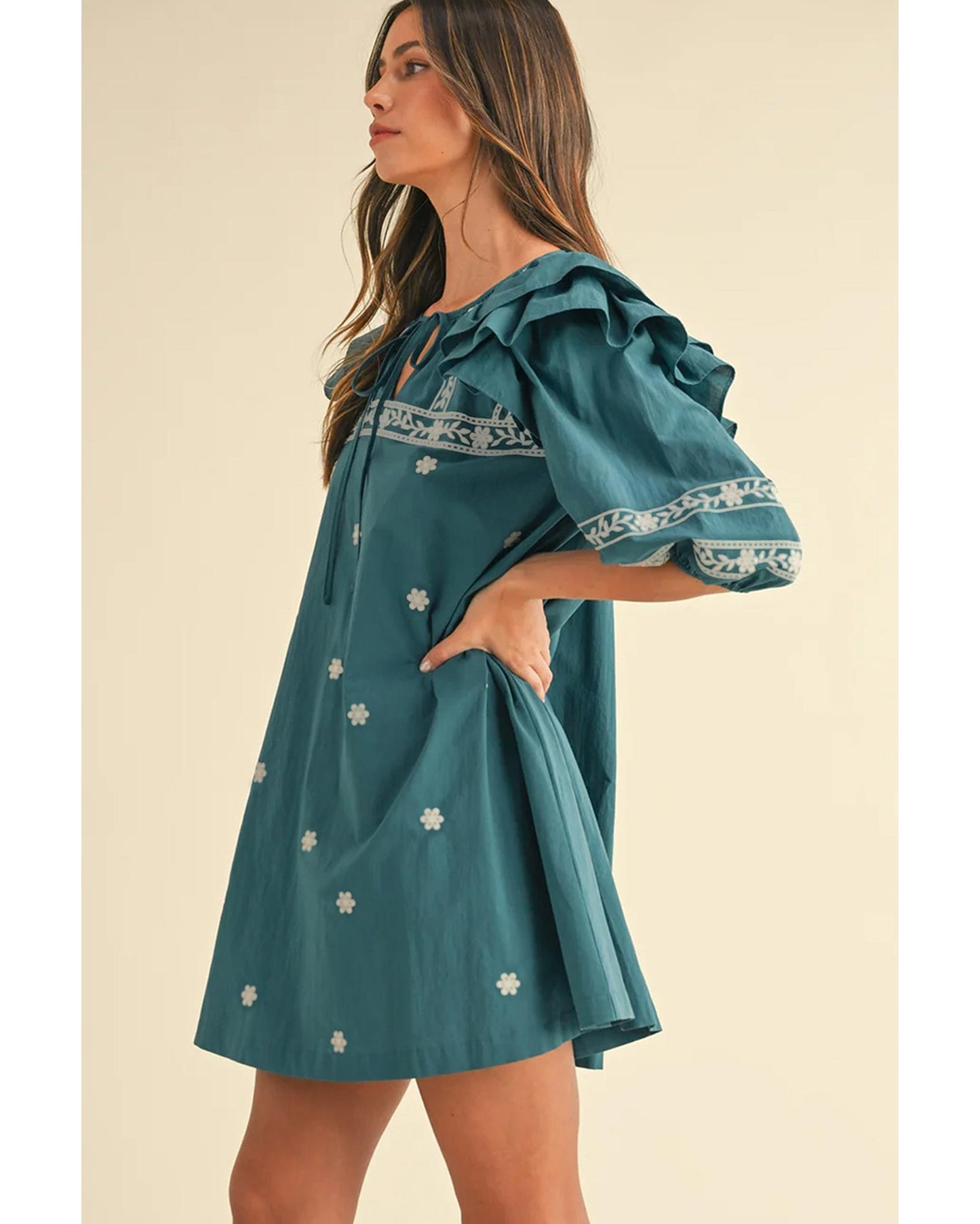 Skobeloff Boho Floral Ruffle Puff Sleeve Lace-up V Neck Mini Dress - XL