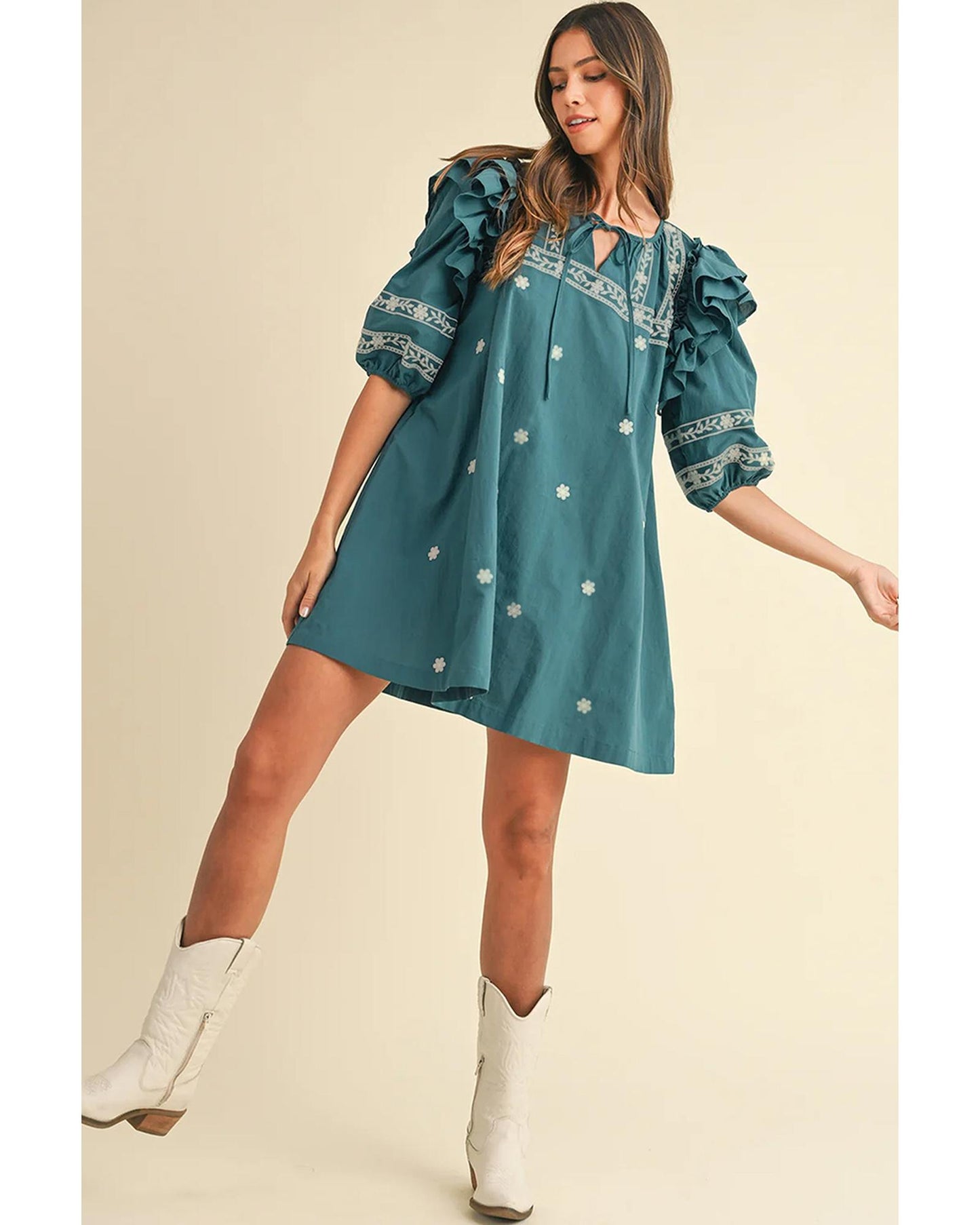 Skobeloff Boho Floral Ruffle Puff Sleeve Lace-up V Neck Mini Dress - XL