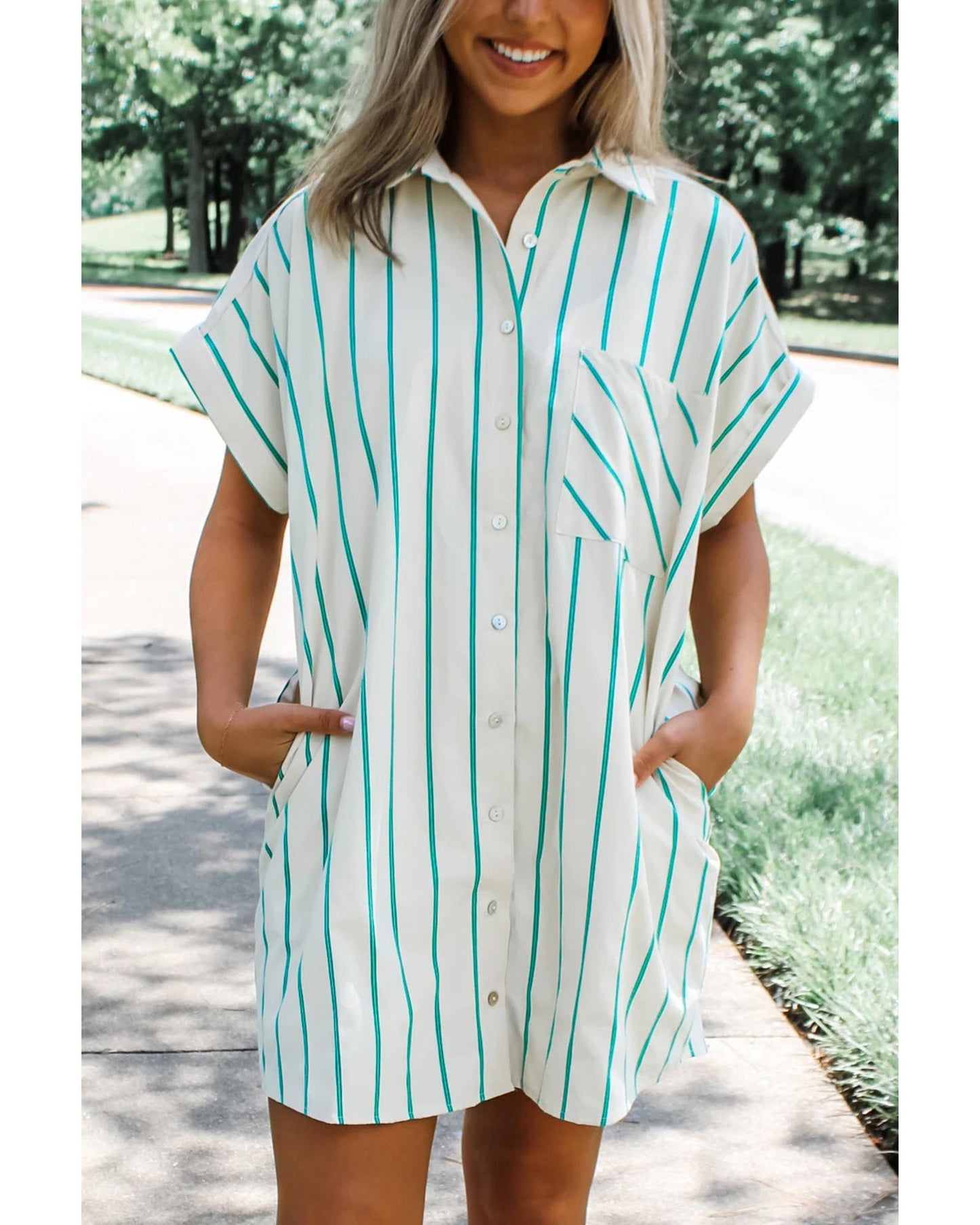 Mint Green St Patricks Striped Wide Short Sleeve Shift Mini Shirt Dress - L