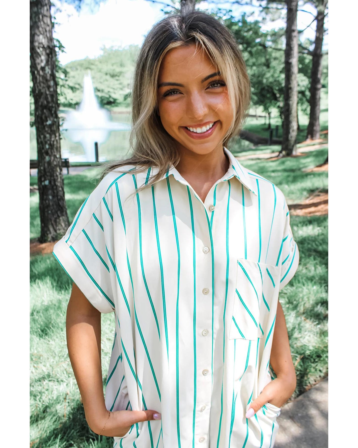 Mint Green St Patricks Striped Wide Short Sleeve Shift Mini Shirt Dress - L