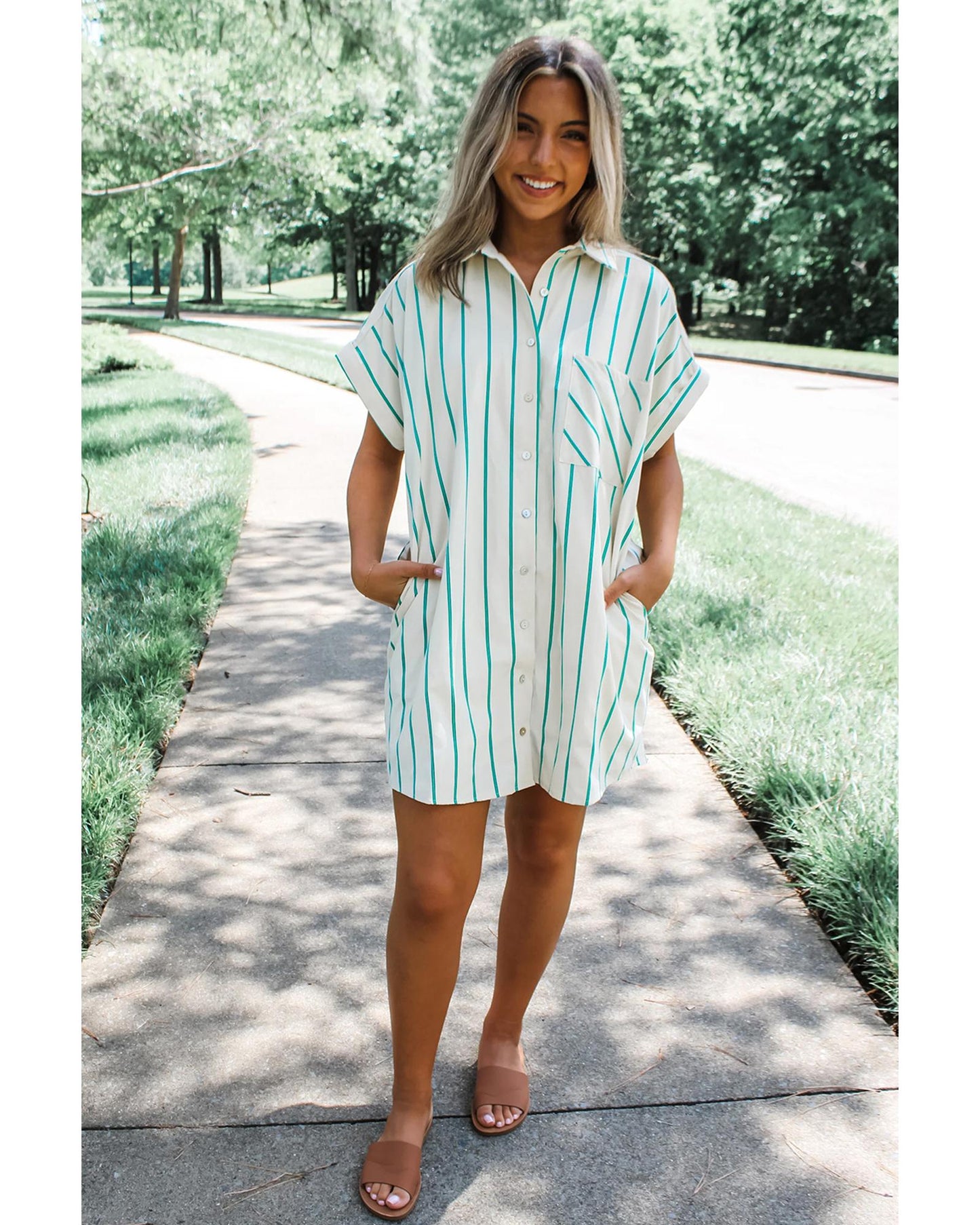 Mint Green St Patricks Striped Wide Short Sleeve Shift Mini Shirt Dress - L