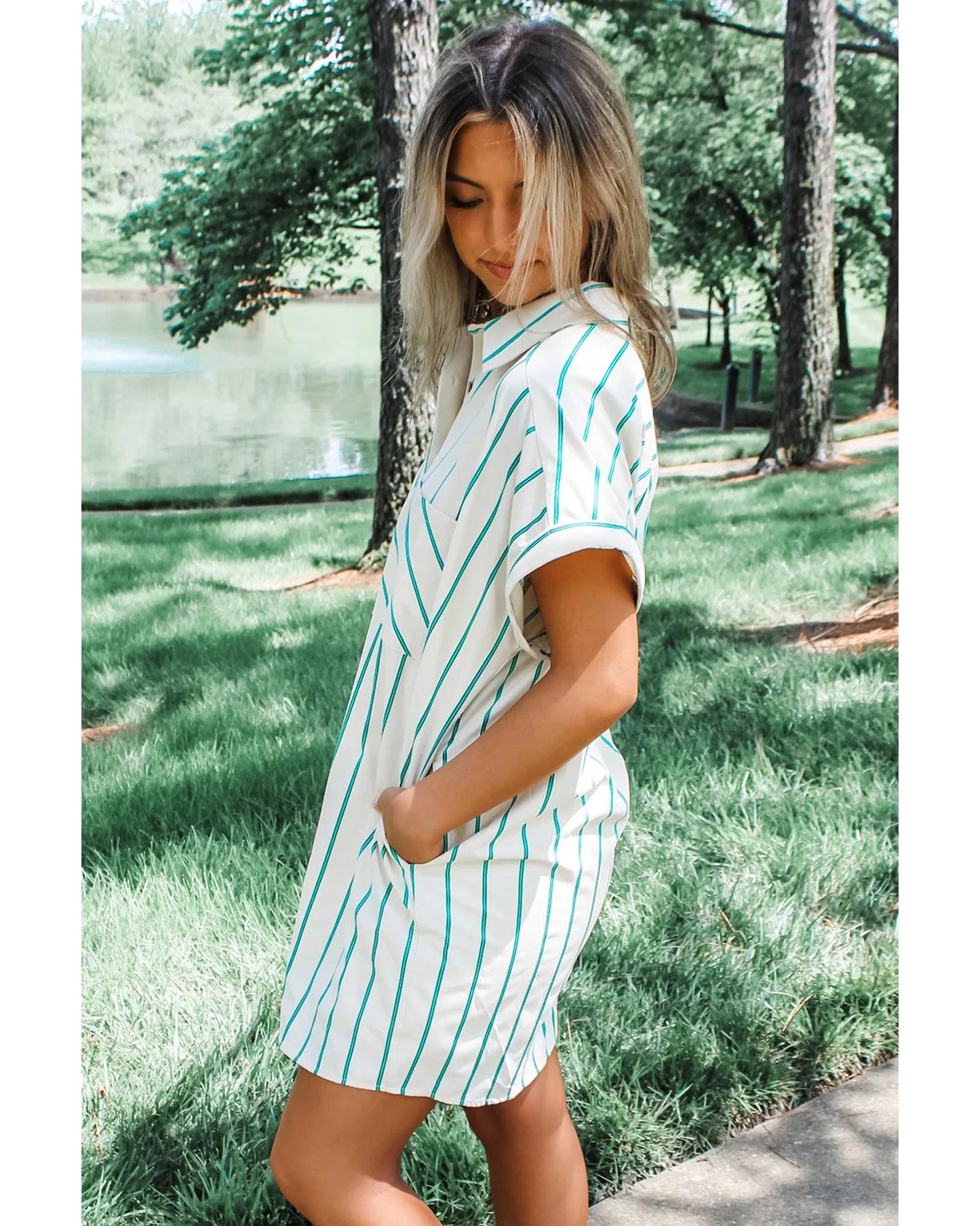 Mint Green St Patricks Striped Wide Short Sleeve Shift Mini Shirt Dress - XL