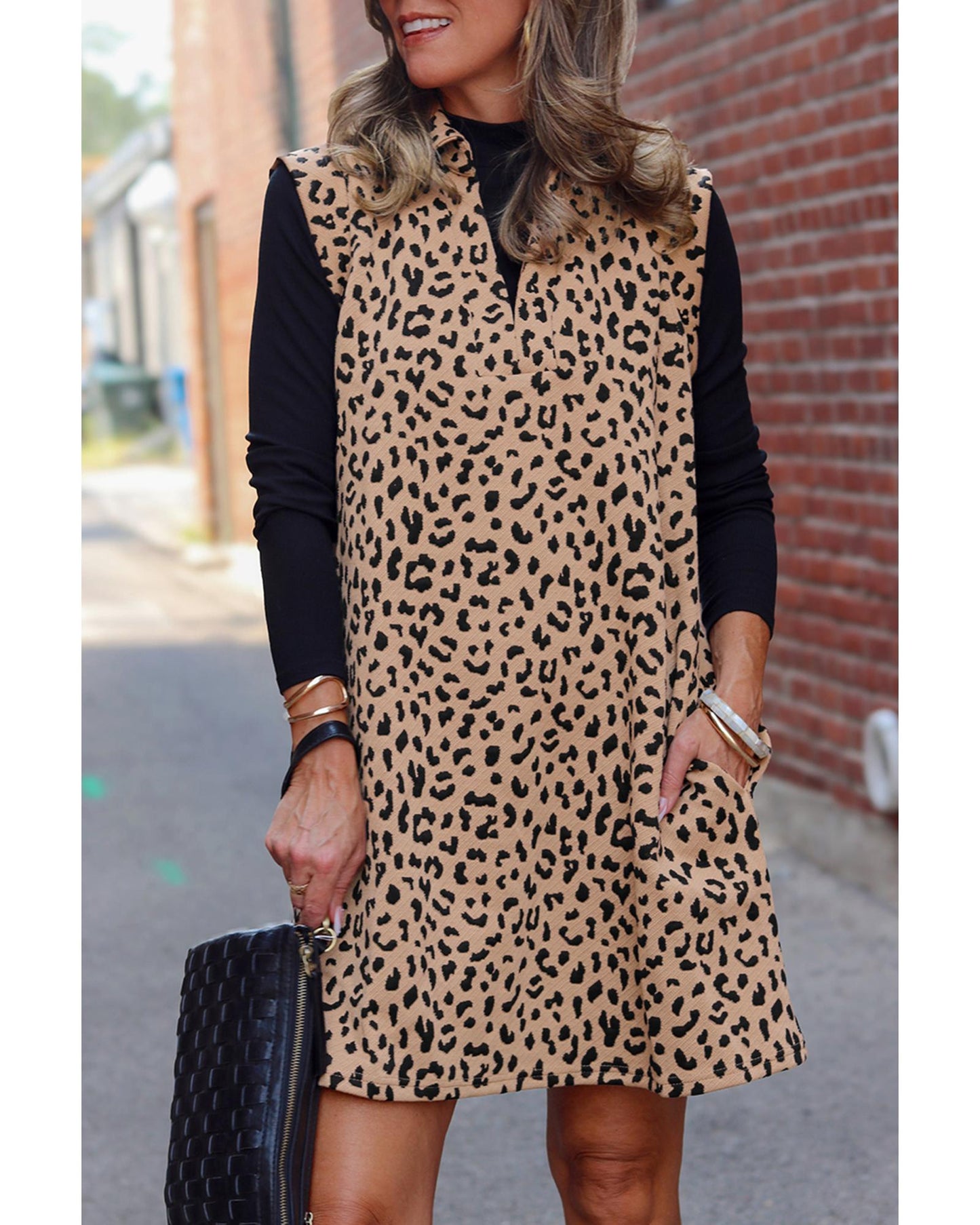 Khaki Leopard Print V Neck Sleeveless Collared Mini Dress - L