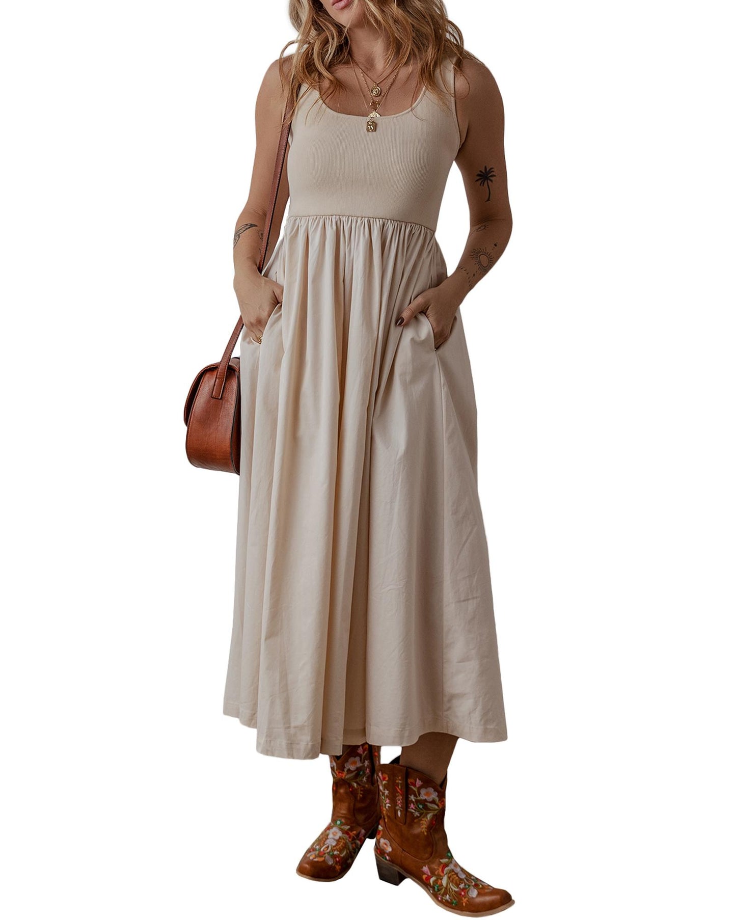 Beige Scoop Neck Ribbed Bodice Pleated Sleeveless Long Dress - S