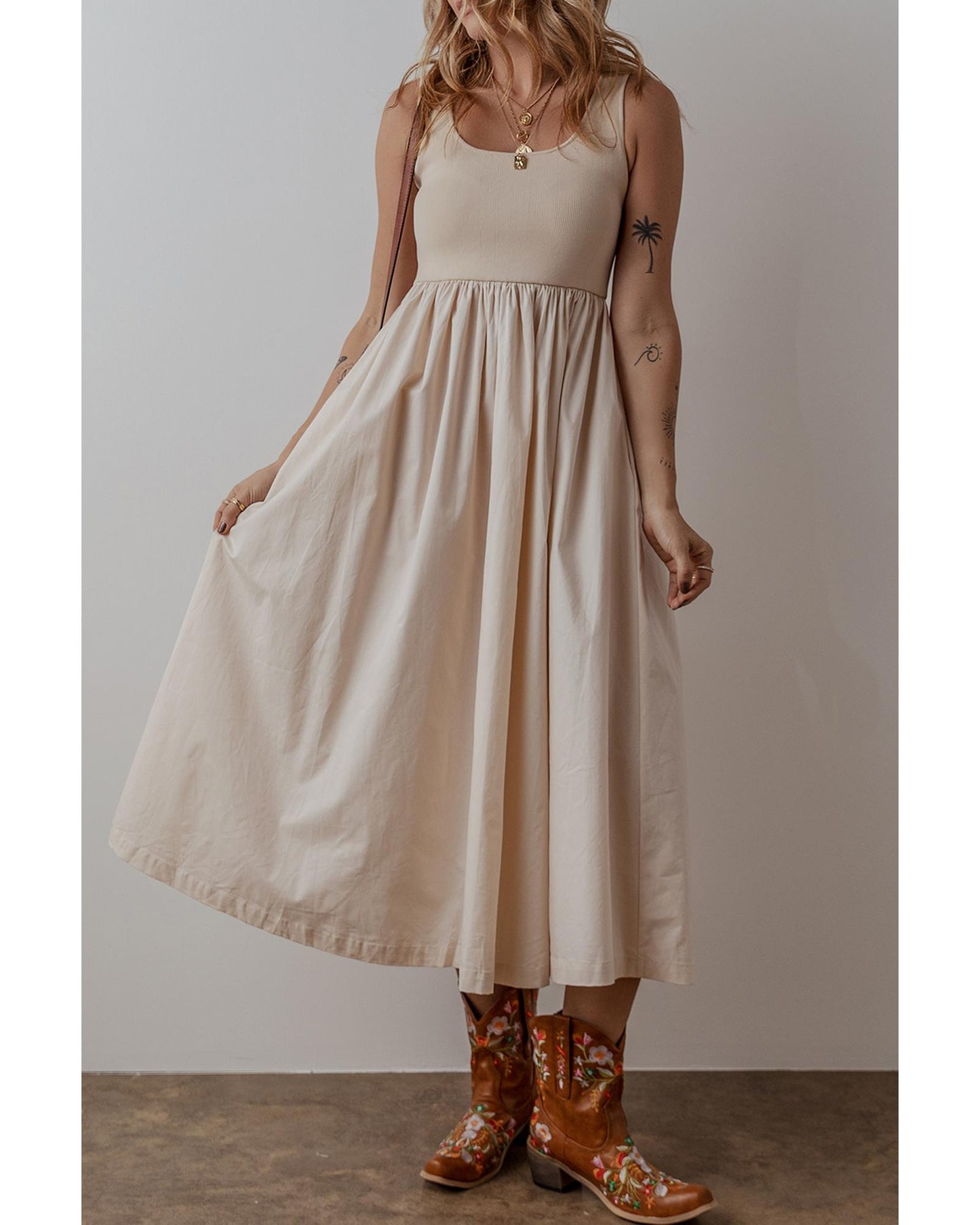 Beige Scoop Neck Ribbed Bodice Pleated Sleeveless Long Dress - XL