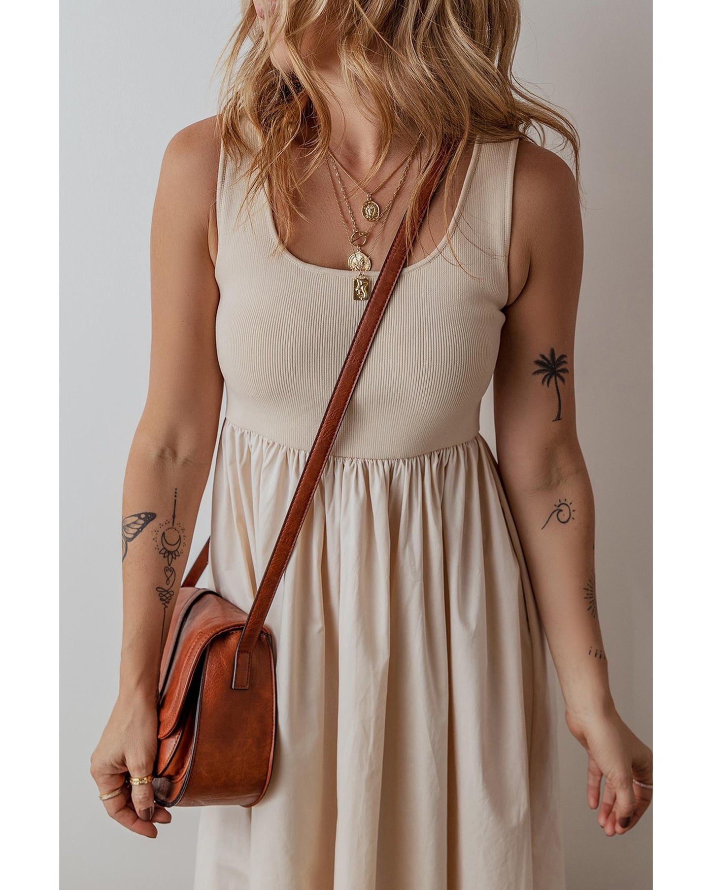 Beige Scoop Neck Ribbed Bodice Pleated Sleeveless Long Dress - XL