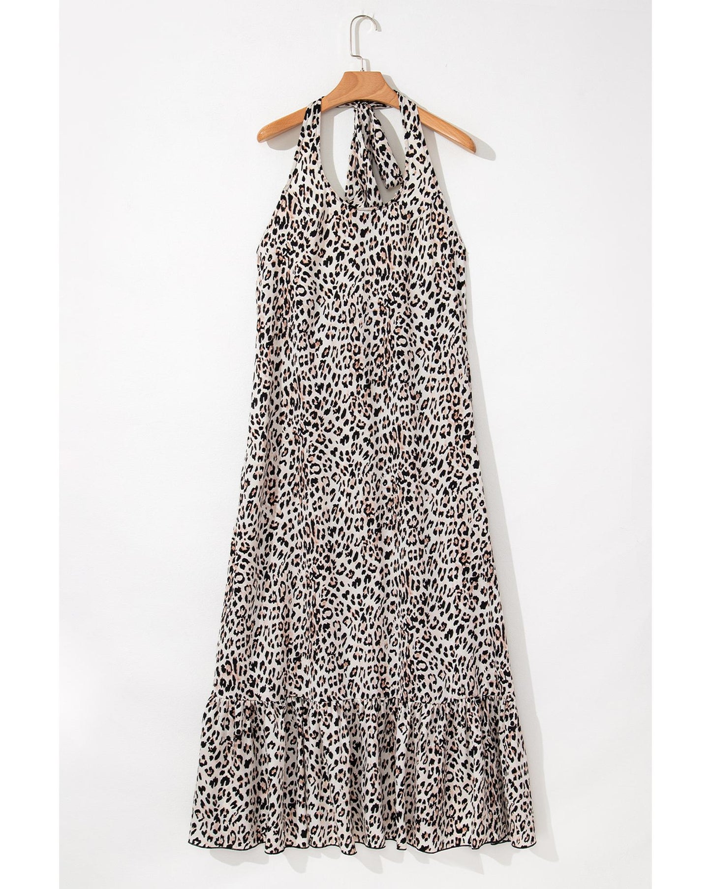 Brown Leopard Printed Halter Neck Backless Ruffled Hem Maxi Dress - L