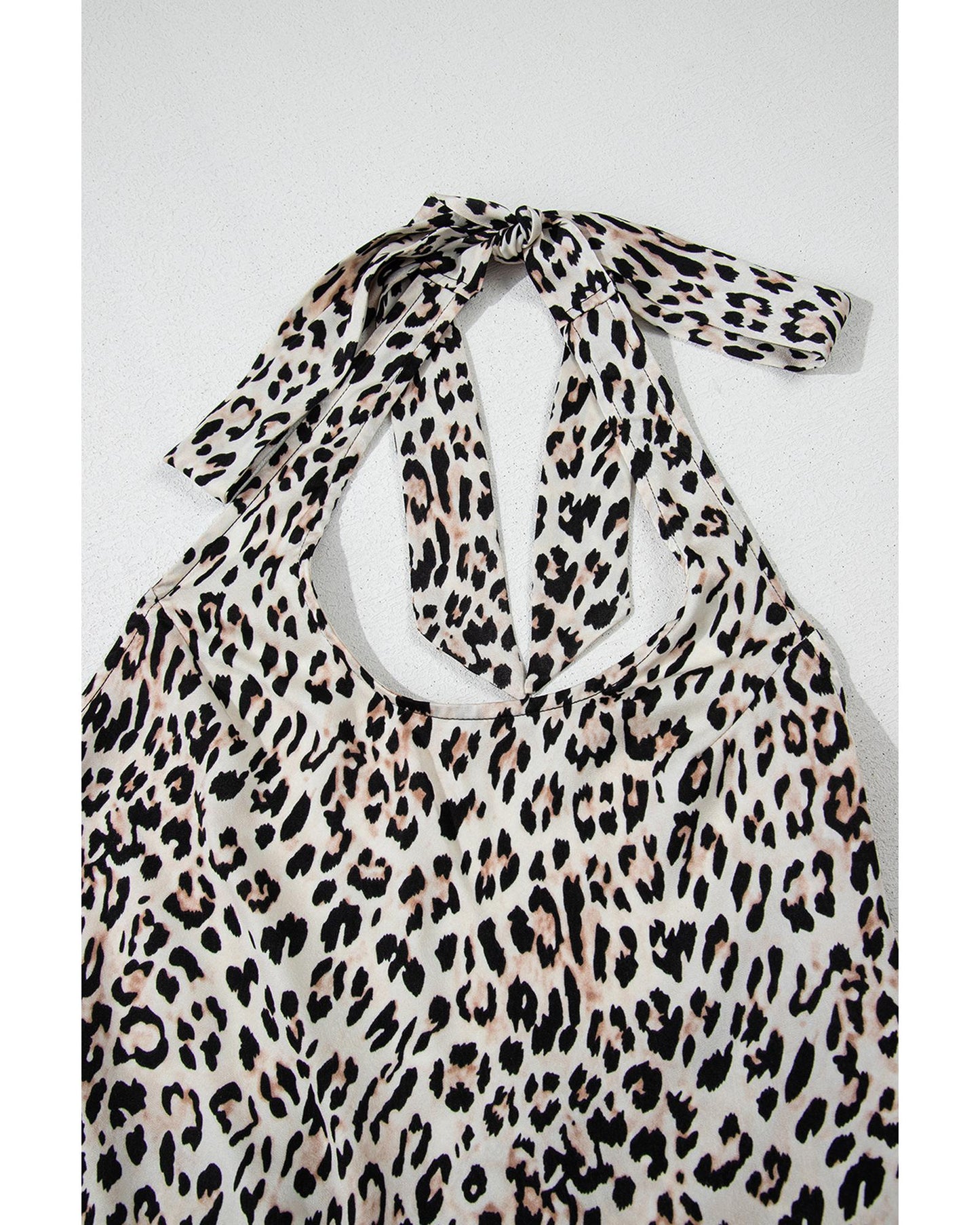 Brown Leopard Printed Halter Neck Backless Ruffled Hem Maxi Dress - L