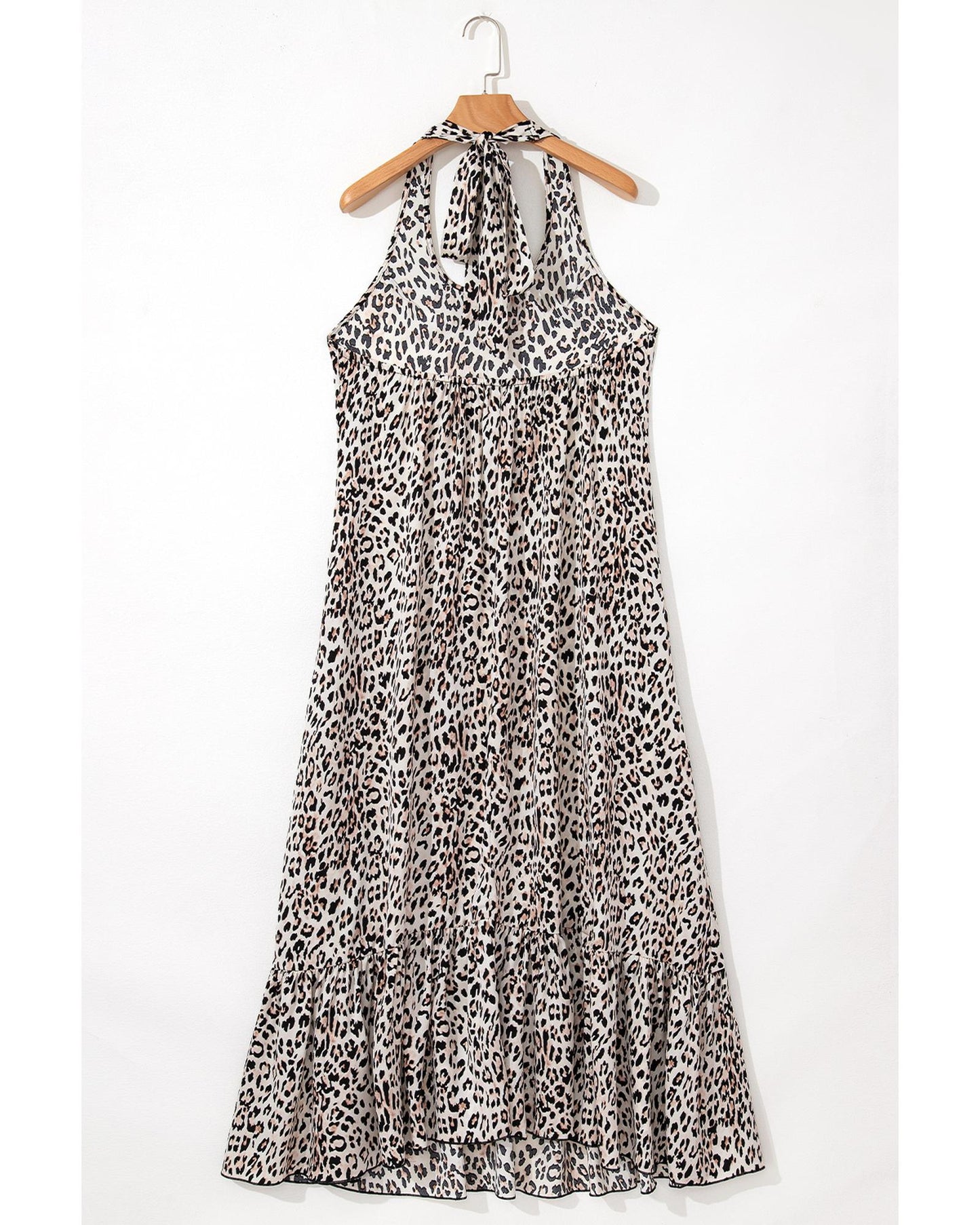 Brown Leopard Printed Halter Neck Backless Ruffled Hem Maxi Dress - L