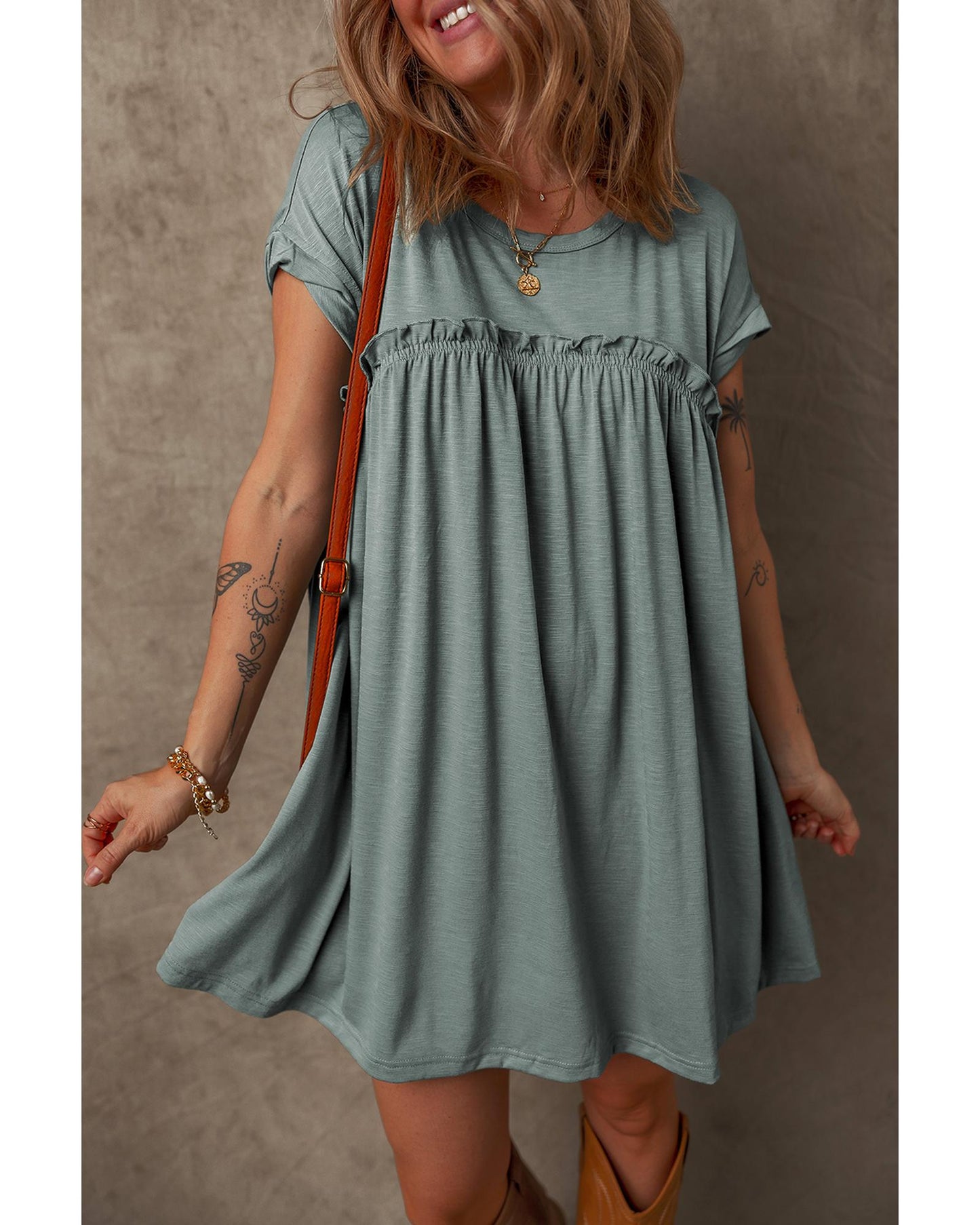 Mist Green Frilled Gathered Seam Round Neck T Shirt Dress - L
