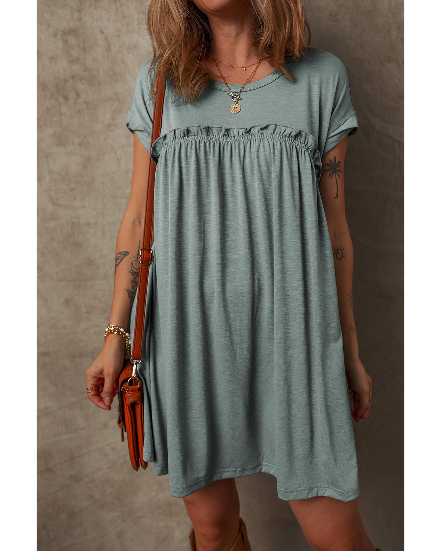 Mist Green Frilled Gathered Seam Round Neck T Shirt Dress - L