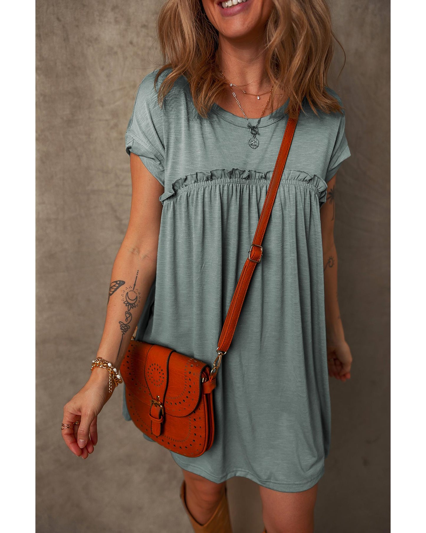 Mist Green Frilled Gathered Seam Round Neck T Shirt Dress - L