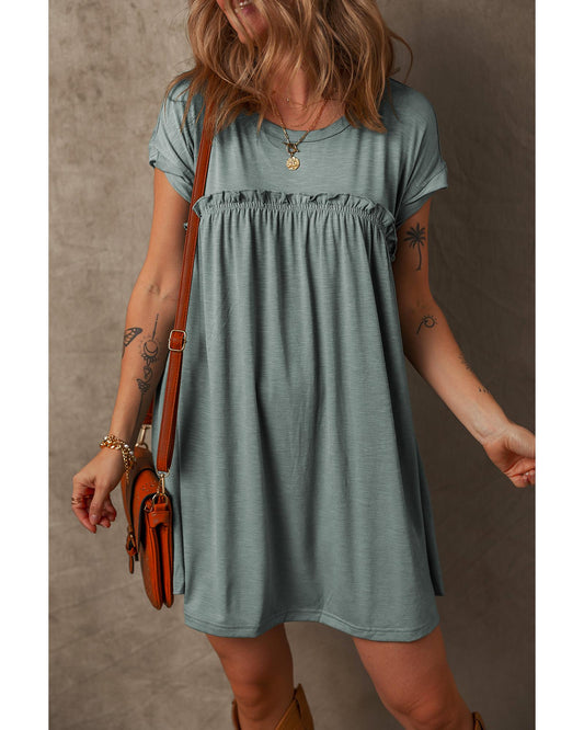 Mist Green Frilled Gathered Seam Round Neck T Shirt Dress - S