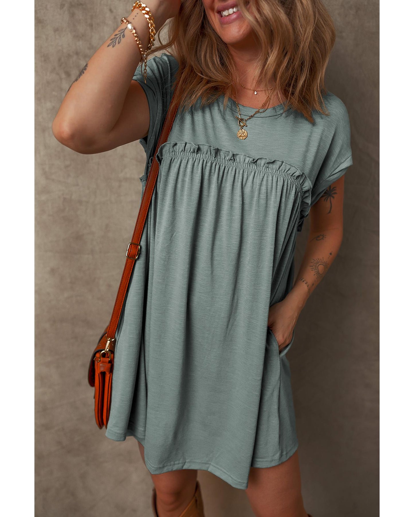 Mist Green Frilled Gathered Seam Round Neck T Shirt Dress - S