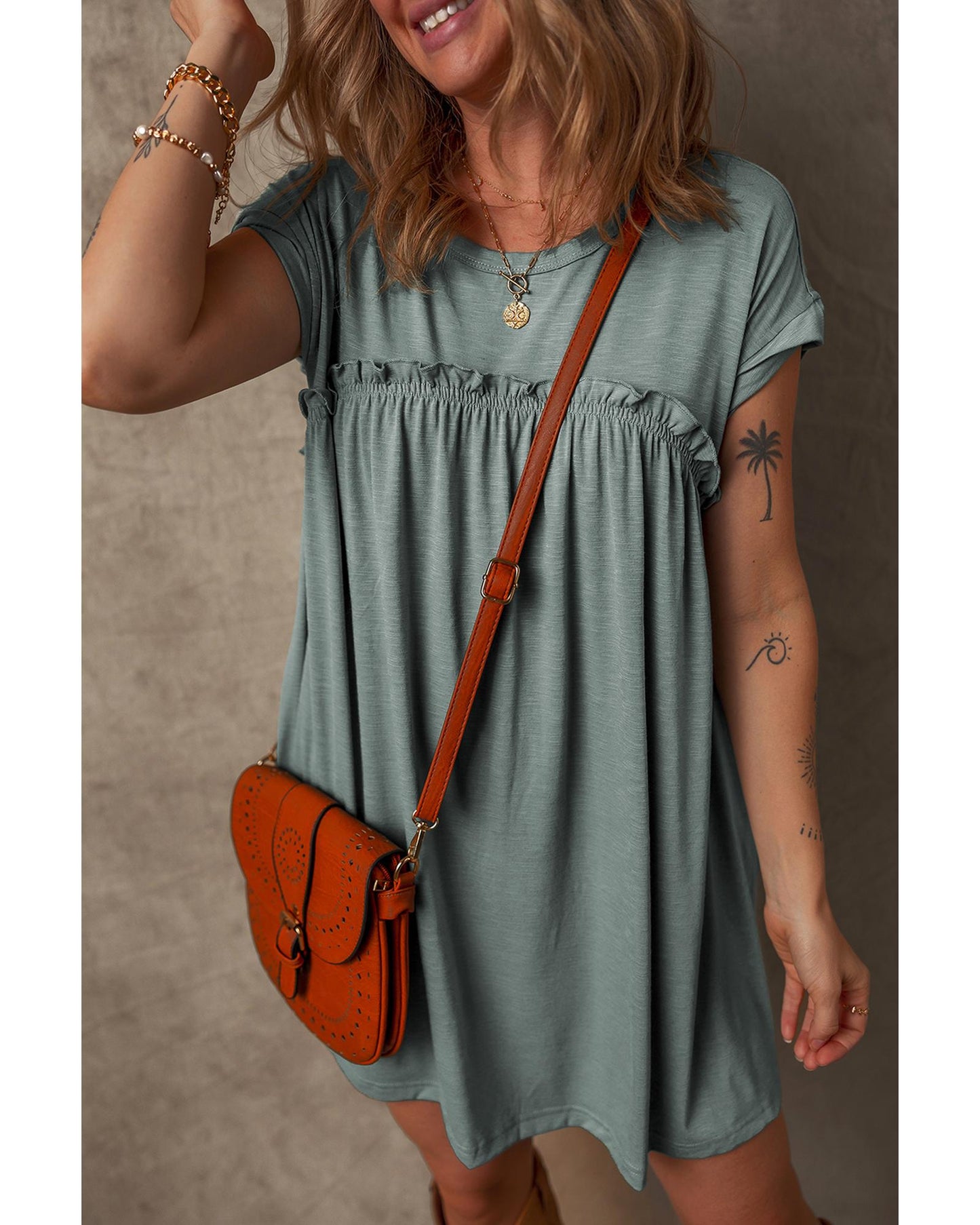 Mist Green Frilled Gathered Seam Round Neck T Shirt Dress - XL