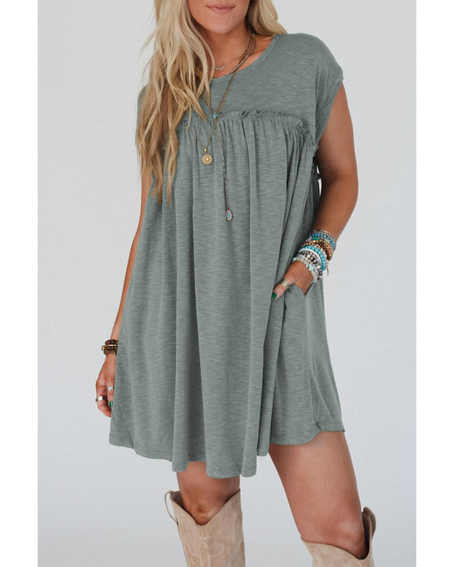 Mist Green Frilled Gathered Seam Round Neck T Shirt Dress - XL