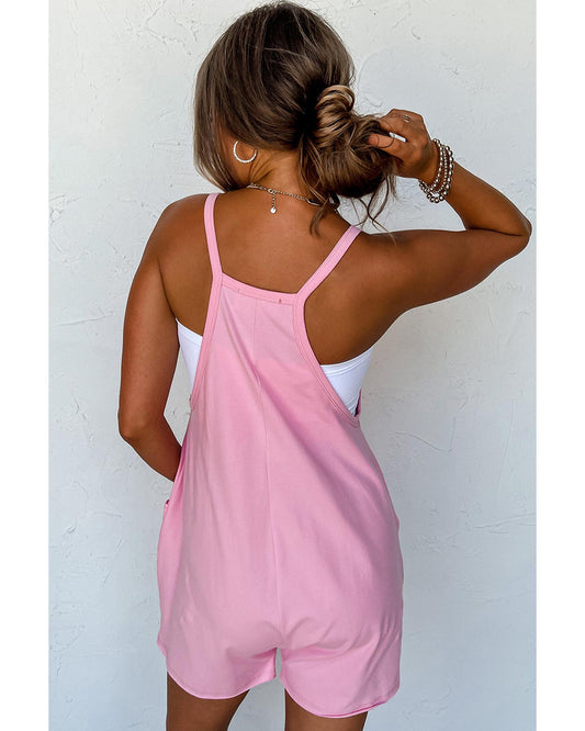 Pink Spaghetti Straps V Neck Jersey Romper - M