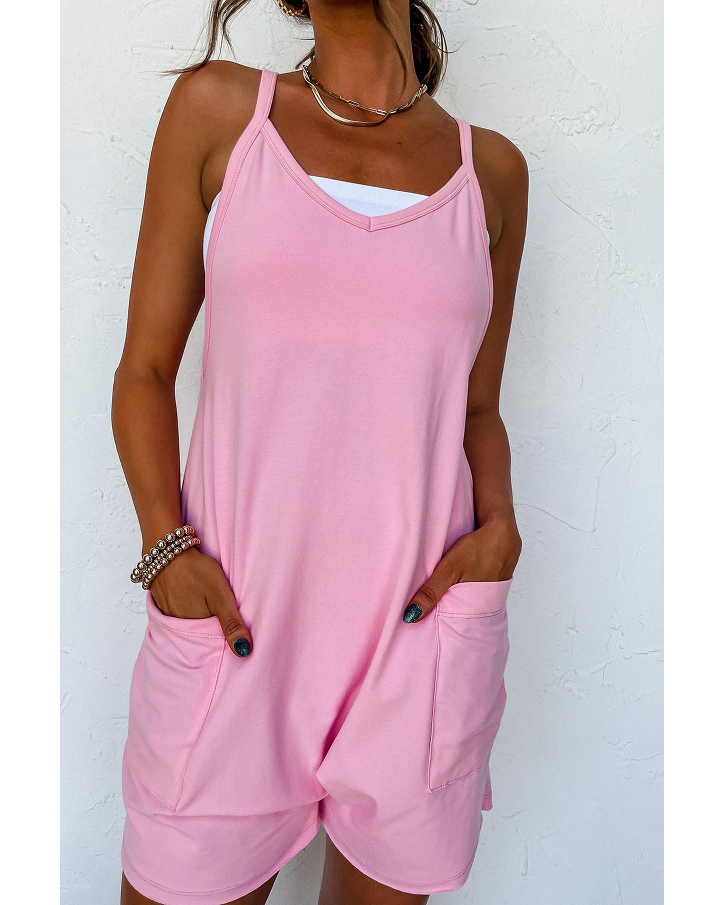 Pink Spaghetti Straps V Neck Jersey Romper - M