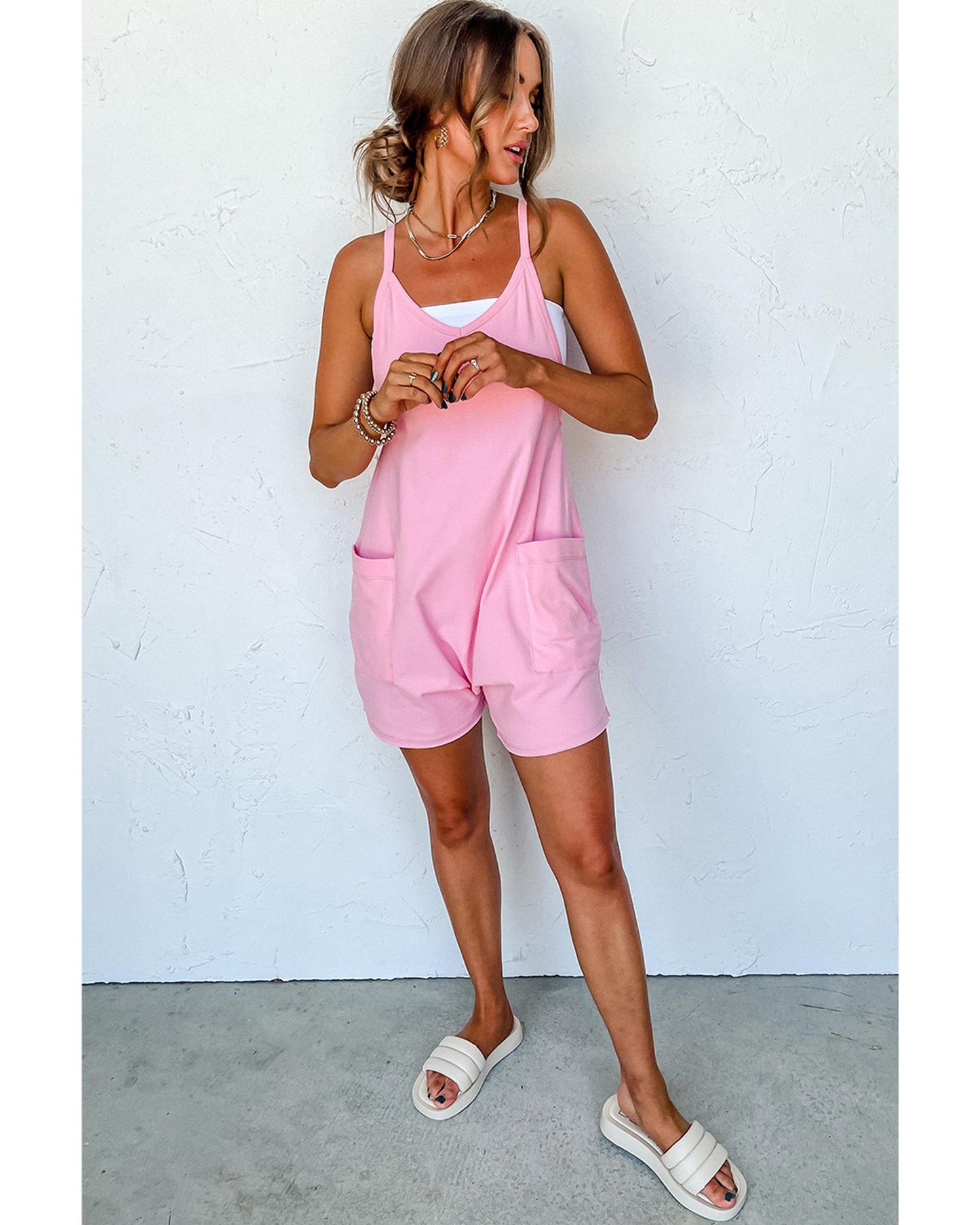 Pink Spaghetti Straps V Neck Jersey Romper - M