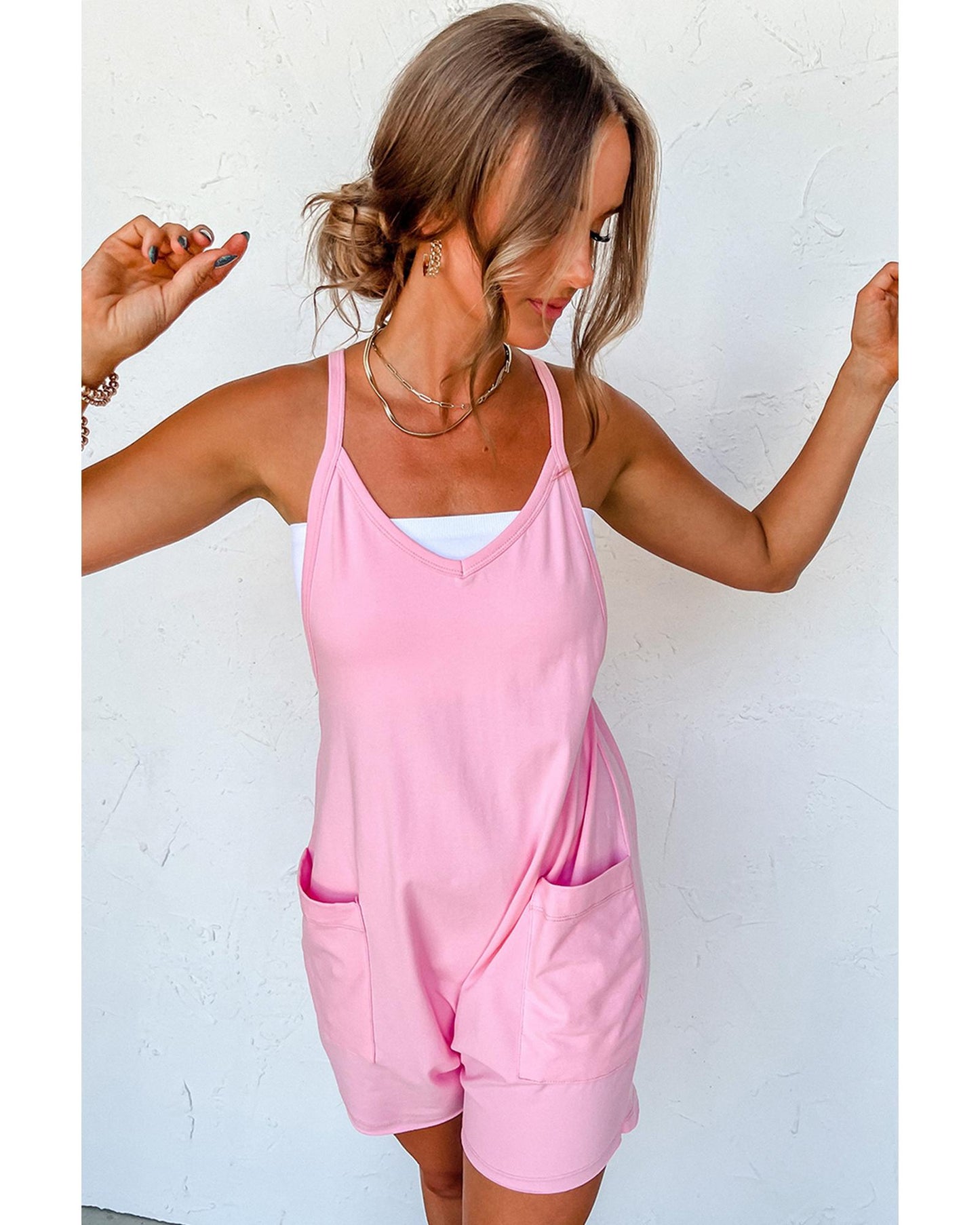 Pink Spaghetti Straps V Neck Jersey Romper - S