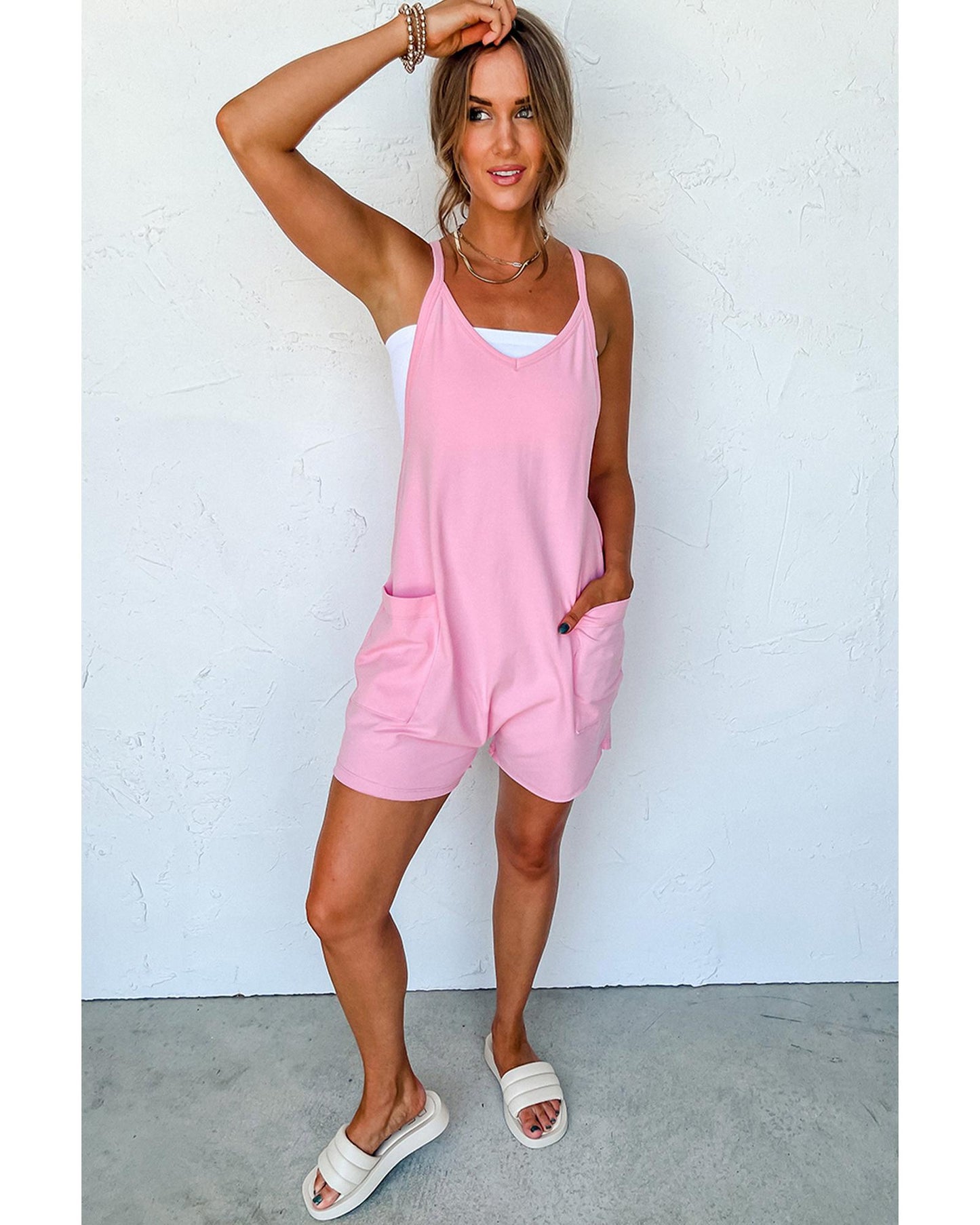 Pink Spaghetti Straps V Neck Jersey Romper - S
