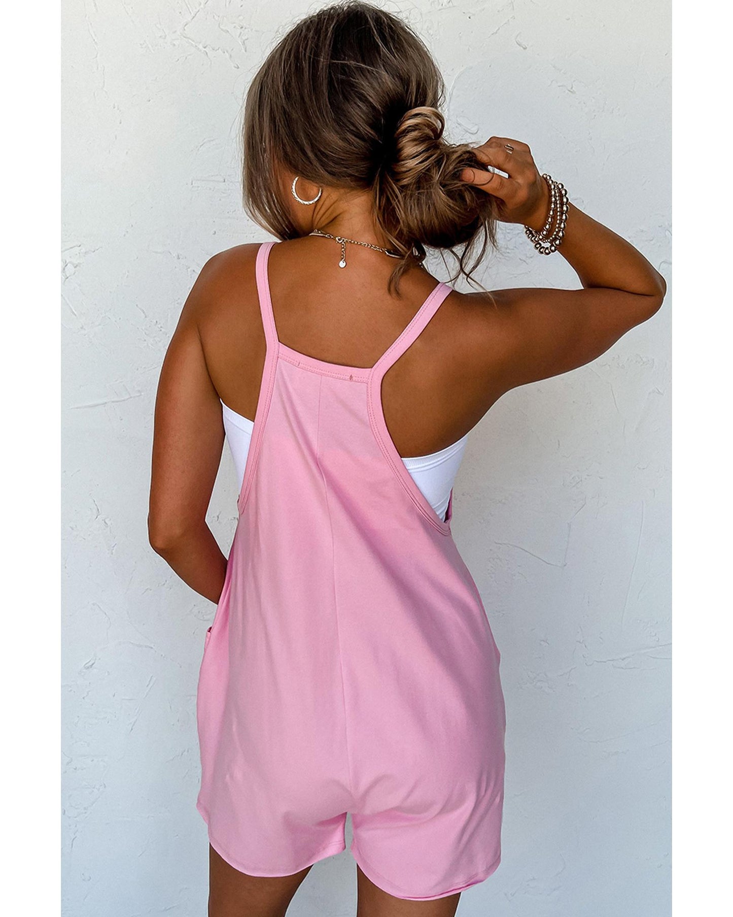 Pink Spaghetti Straps V Neck Jersey Romper - S