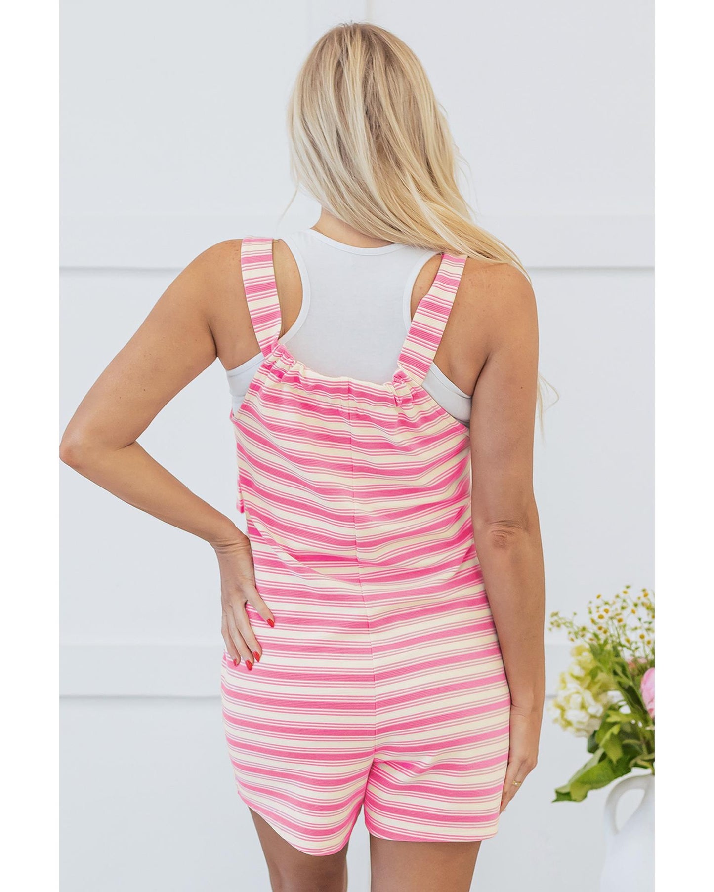 Pink Stripe Knotted Strap Patched Pocket Romper - XL