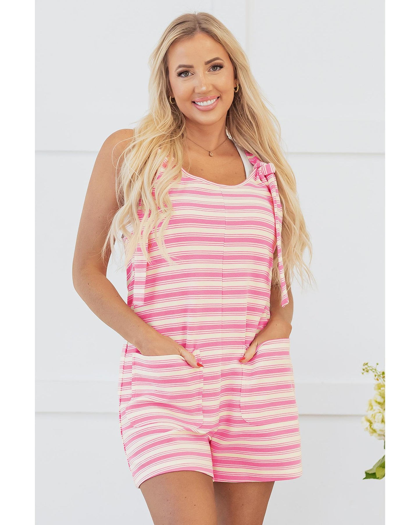 Pink Stripe Knotted Strap Patched Pocket Romper - XL
