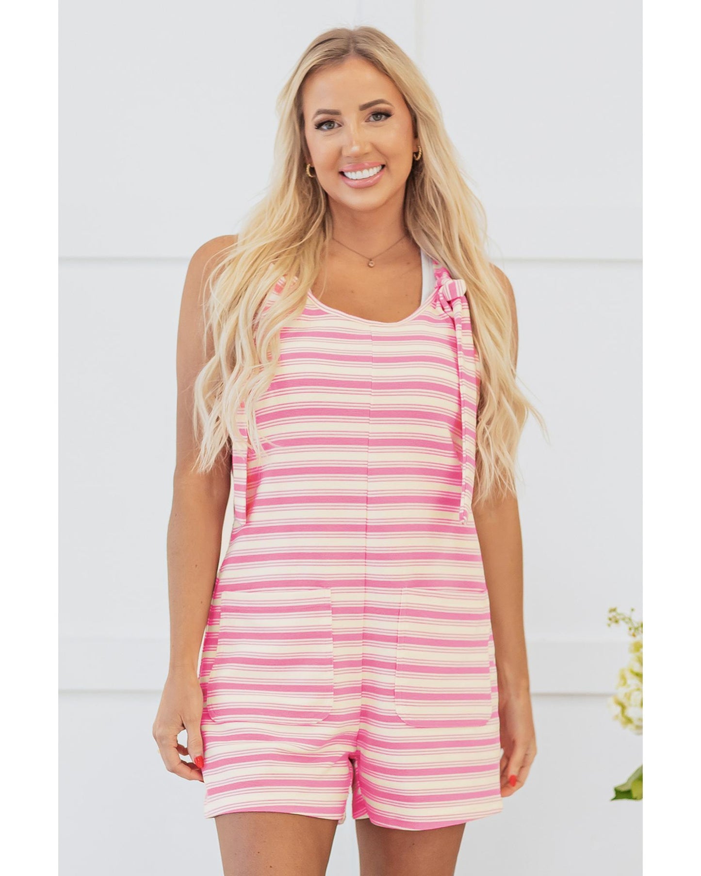 Pink Stripe Knotted Strap Patched Pocket Romper - XL