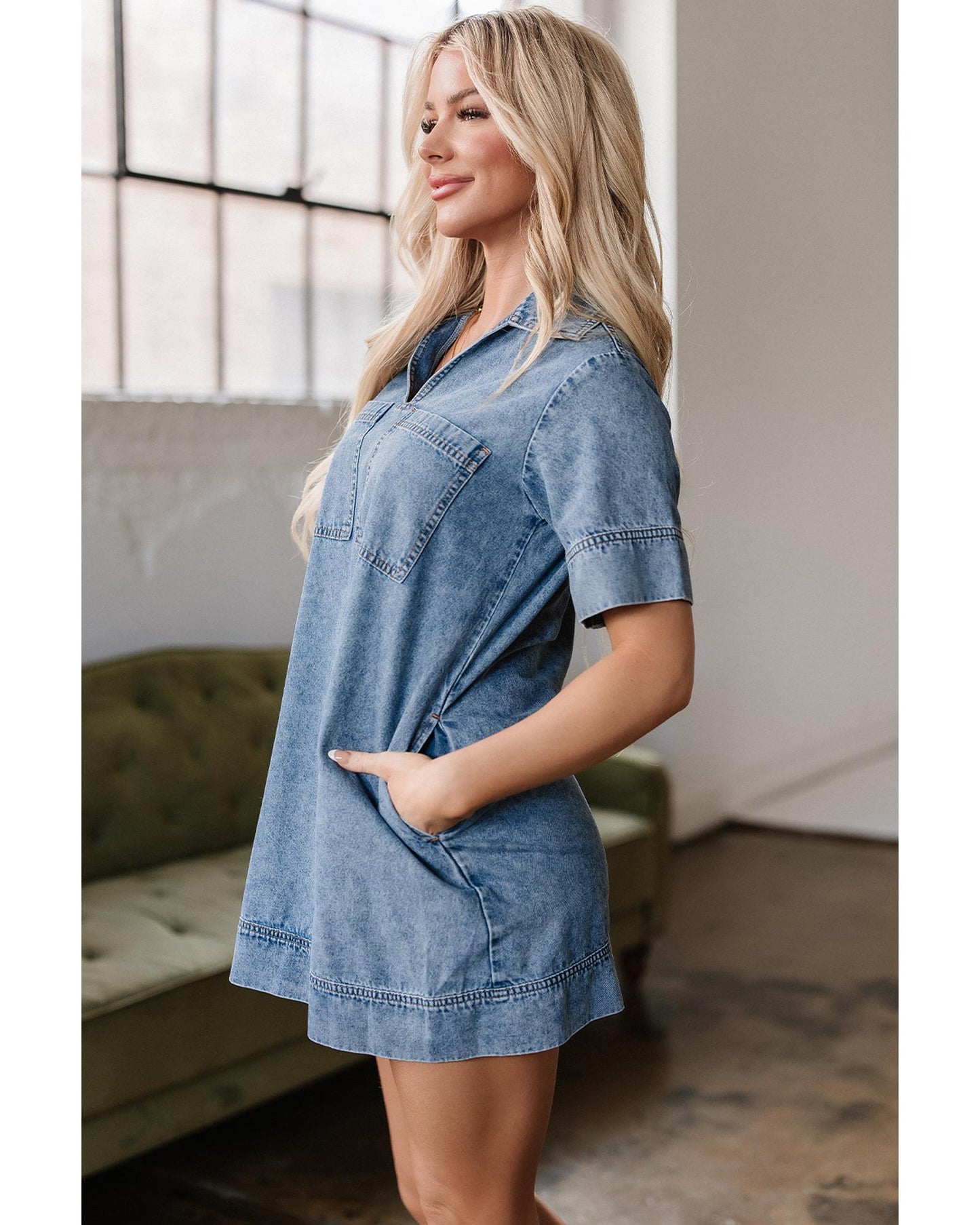 Beau Blue Short Sleeve Collared Patched Pocket Denim Mini Dress - M