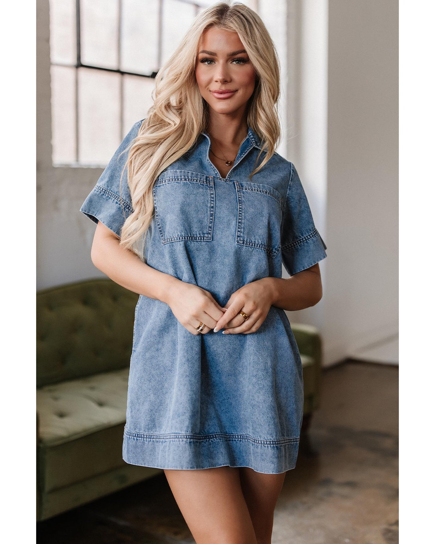 Beau Blue Short Sleeve Collared Patched Pocket Denim Mini Dress - M