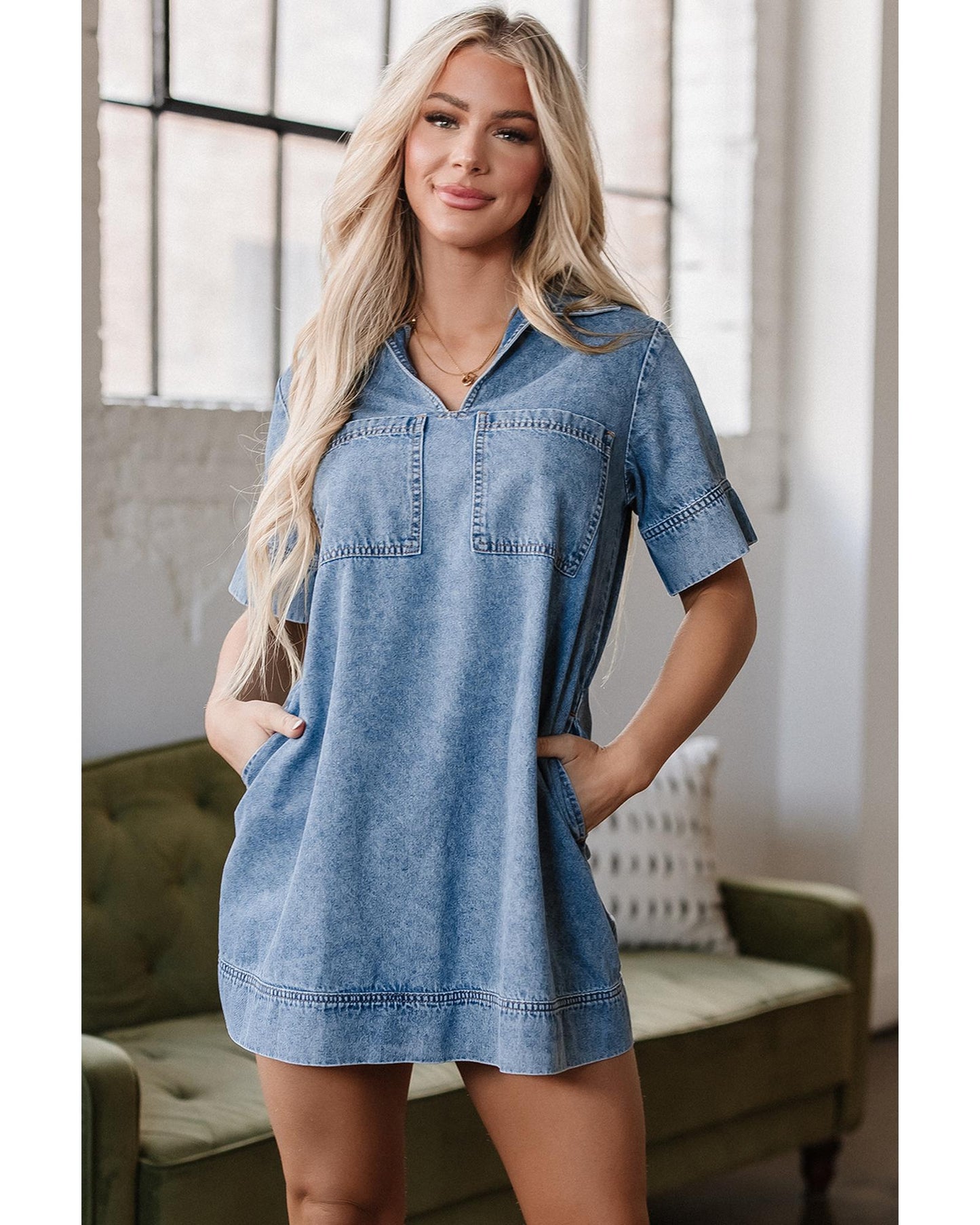 Beau Blue Short Sleeve Collared Patched Pocket Denim Mini Dress - M