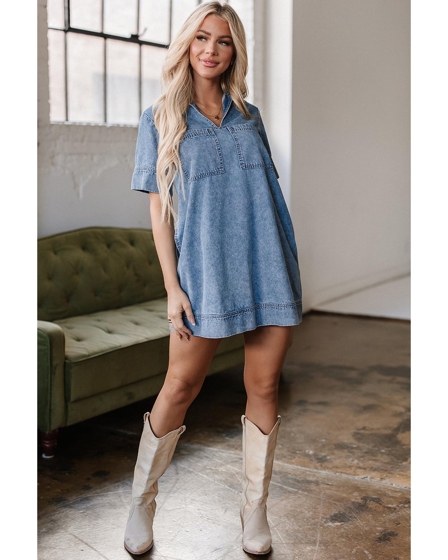 Beau Blue Short Sleeve Collared Patched Pocket Denim Mini Dress - M