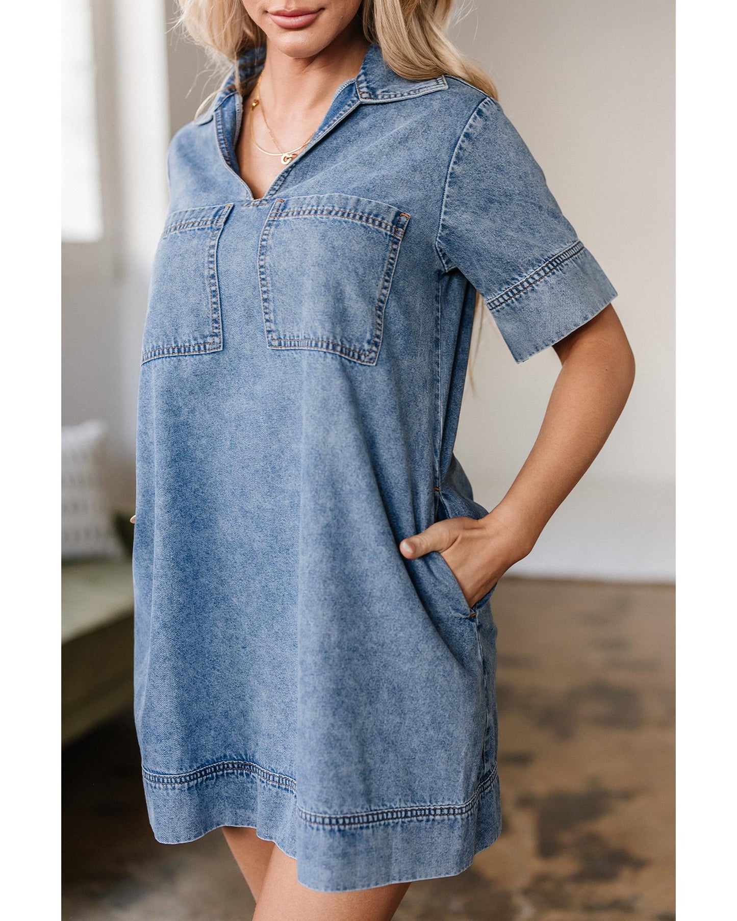 Beau Blue Short Sleeve Collared Patched Pocket Denim Mini Dress - M