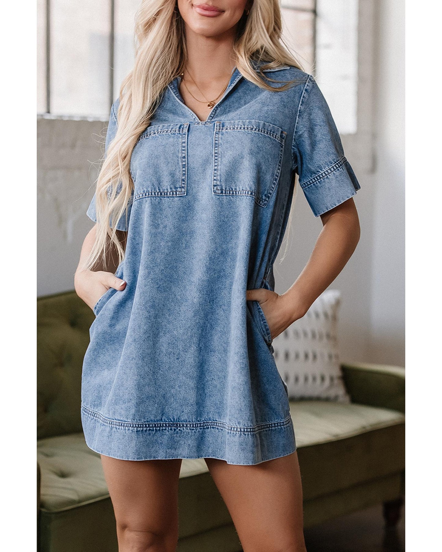 Beau Blue Short Sleeve Collared Patched Pocket Denim Mini Dress - M