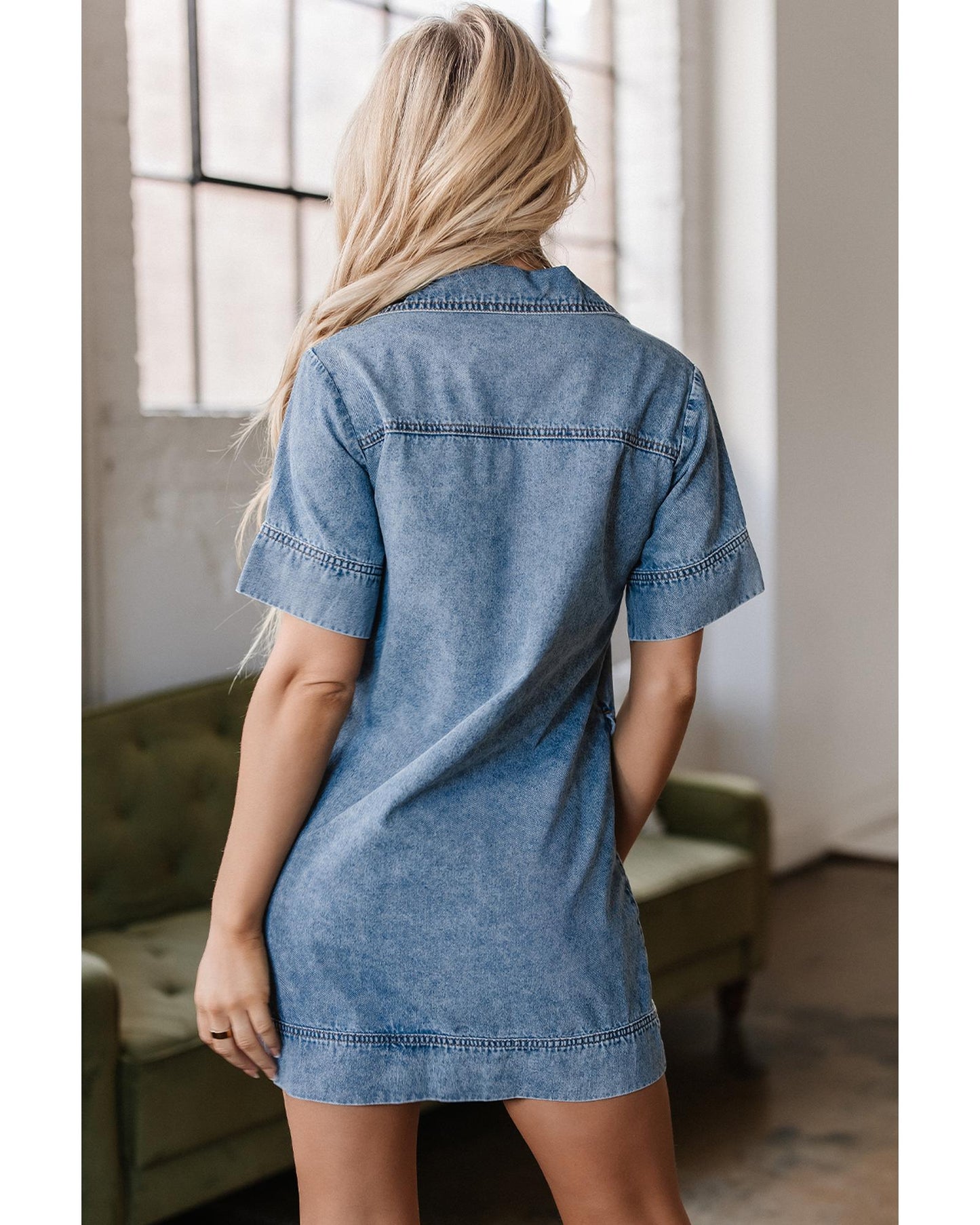 Beau Blue Short Sleeve Collared Patched Pocket Denim Mini Dress - S