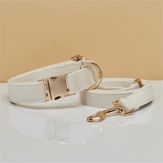 M Beige Luxury Velvet Pet Collar & Leash Set - Engravable Dog Collar with Gold Hardware