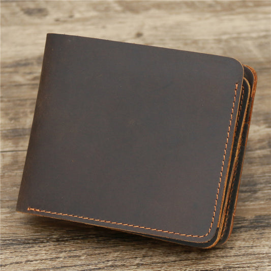 Dark Brown Men's Crazy Horse Leather Wallet - Genuine Leather Bifold Card Holder, Retro Rugged Top-Grain Cowhide (11.5x2x9.5 cm, 120g)